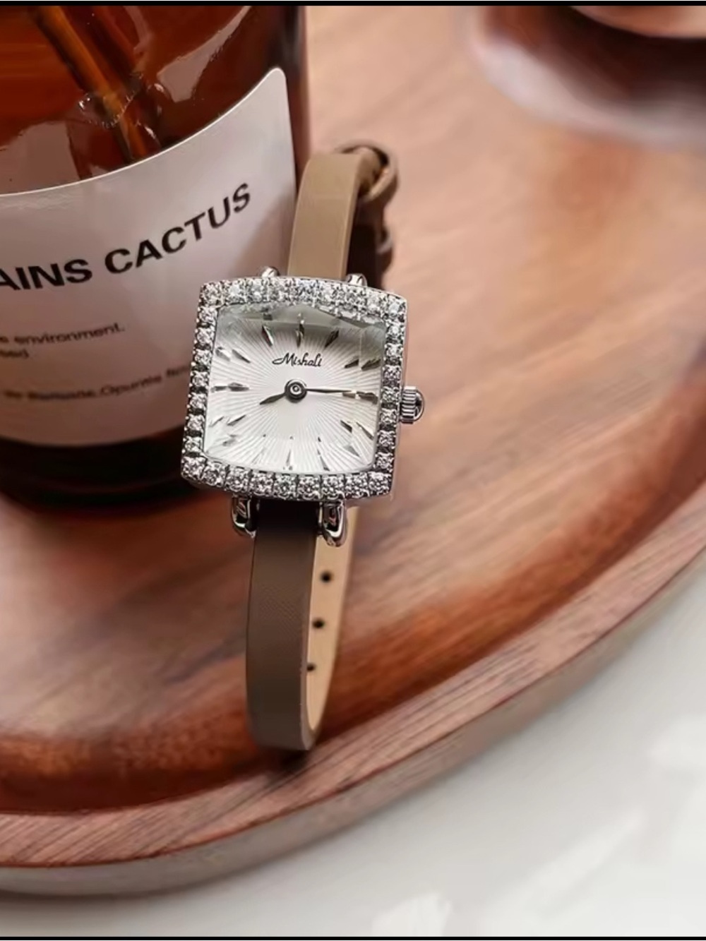 Crystal Square Dial Watch with Taupe Leather Strap